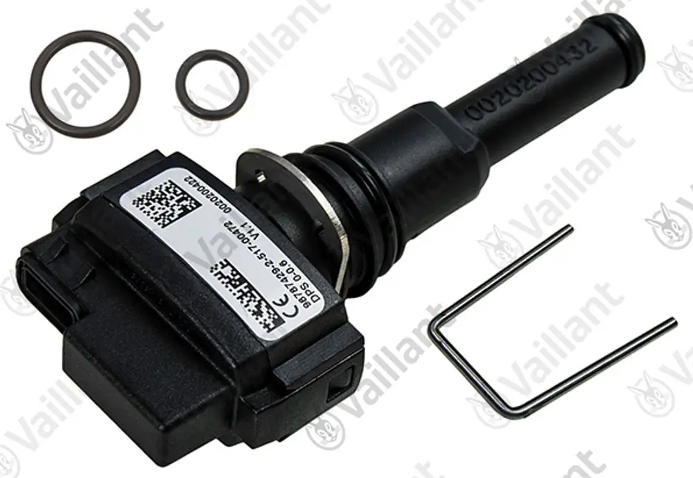 Vaillant-Differenzdrucksensor mit zwei O-Ringen und Befestigungsclip, in schwarzer Kunststoffausführung, zur Verwendung in Heizungsanlagen.